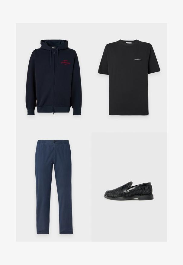 Sudadera con cremallera en color azul marino, con una capucha espaciosa, puños y cinturilla elásticos. Presenta el texto rojo "MILANO GYMNASIUM EA7" en el pecho. Textura de tela suave.; Camiseta de algodón negra con cuello redondo, mangas cortas y un pequeño logo blanco "TIGER OF SWEDEN" en el pecho. Corte clásico.; Pantalones azul marino de corte relajado, con una cinturilla elástica, cierre de botón y tejido suave con textura mínima.; Zapato negro de tejido con un acento de cuero suave en la parte superior, diseño de punta redonda y suela de goma de perfil bajo.