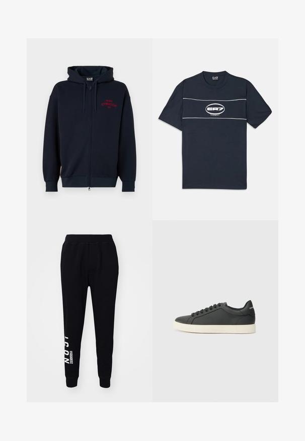 Marineblå zip-hoodie med en rummelig hætte, elastiske manchetter og talje. Har rød tekst "MILANO GYMNASIUM EA7" på brystet. Blødt stof tekstur.; Marineblå bomulds t-shirt med korte ærmer, prydet med et hvidt logo og striber på tværs af brystet. Rund halsudskæring, afslappet pasform.; Sorte træningsbukser lavet af blødt stof, med en tætsiddende pasform, elastisk talje og hvidt trykt logo på venstre ben.; Sort lædersneaker med lav profil, rund tå og snørelukning; har en struktureret gummisål og logo-detalje på hælen.