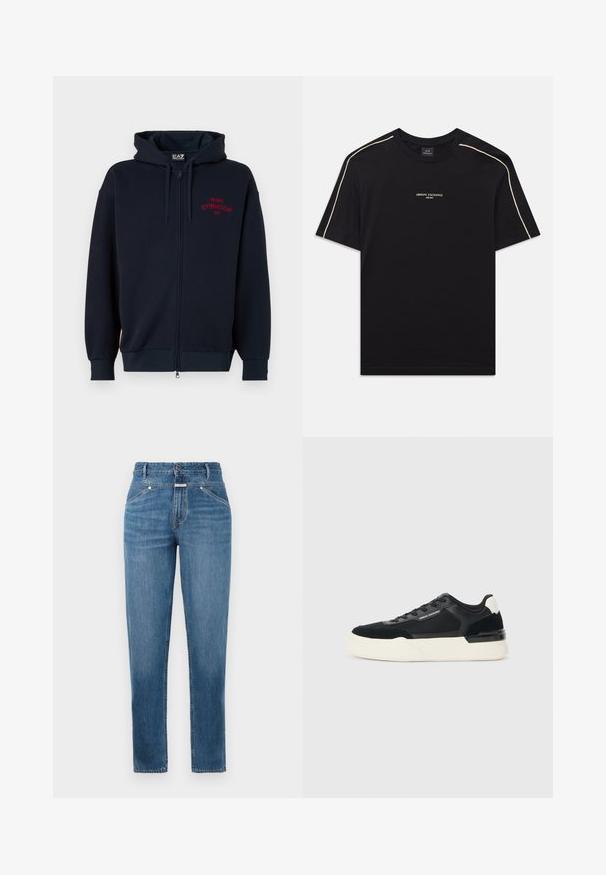 Jūras spēku zipsvārki ar plašu kapuci, elastīgiem aproču un jostas galiem. Uz krūtīm redzams sarkans uzraksts "MILANO GYMNASIUM EA7". Mīksts auduma textura.; Melna kokvilnas T-kreklā ar īsām piedurknēm, noapaļotu kakla izgriezumu, bēšas akcentu šķērsšuvēm plecos un ARMANI EXCHANGE logotipu vidū.; Zili augstās vidukļa taisnas kājas džinsi ar priekšējām kabatām, jostas cilpām, pogu aizdari un viegli izbalinātām detaļām.; Melnas sporta kurpes, kas izgatavotas no sieta un ādas, ar biezām baltām zoles un kontrastējošiem akcentiem. Mežģīņu un logo detaļa sānos.