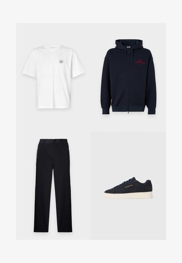 Merihenkinen vetoketjullinen huppari, jossa on tilava huppu, joustavat hihansuut ja vyötärö. Rinnassa on punainen teksti "MILANO GYMNASIUM EA7". Pehmeä kangas.; Valkoinen puuvillapaita, jossa on lyhyet hihat, pyöreä kaula-aukko ja pieni harmaa logo vasemmassa rintataskussa. Täydellinen sileä rakenne.; Mustat housut, joissa on kevyt, teksturoitu kangas, suora lahje, joustava vyötärö ja sivuvetoketjupussit.; Navy sinivuori matalavartiset tennarit valkoisella pohjalla, laivastonsiniset nauhat ja "Filling Pieces" -logo kullassa sivussa.