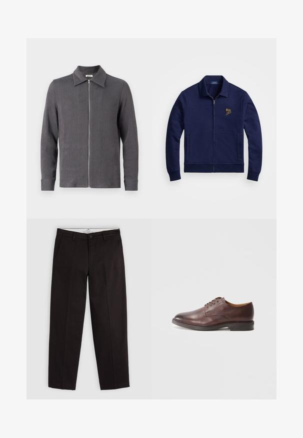 Temno modra jakna z zadrgo, izdelana iz mehkega materiala, z ovratnikom, dvema stranskima žepoma in zlatim izvezenim logotipom na zgornjem levem delu prsnega koša.; Siva zadrževa majica s ovratnikom i dugim rukavima, koja ima teksturirano tkanje s suptilnim rebrastim uzorkom.; Črni ravni chinos hlače z zankami za pas, gumbom za zapiranje in stranskimi žepi, prikazani na svetlo sivi podlagi.; Moške formalne čevlje iz rjave usnje z vezalkami, z gladko površino in zloženim peto na belem ozadju.