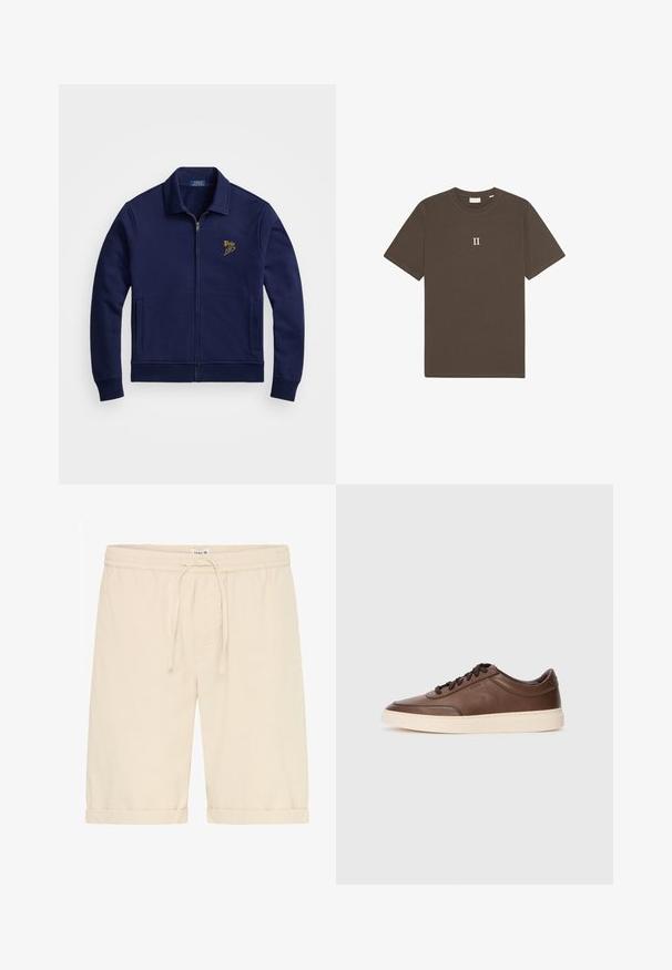 Giacca zip-up blu navy realizzata in tessuto morbido, con colletto, due tasche laterali e un logo ricamato in oro nella parte superiore sinistra del petto.; T-shirt in cotone marrone con scollo rotondo e maniche corte, caratterizzato da una grafica bianca "II" centrata sul petto.; Shorts in cotone beige con vita elastica, cordoncino regolabile e orlo arrotolato, ideali per un look casual.; Sneaker in pelle marrone con finitura liscia, punta rotonda e suola in gomma crema. Presenta lacci neri e un branding sottile sui lati.