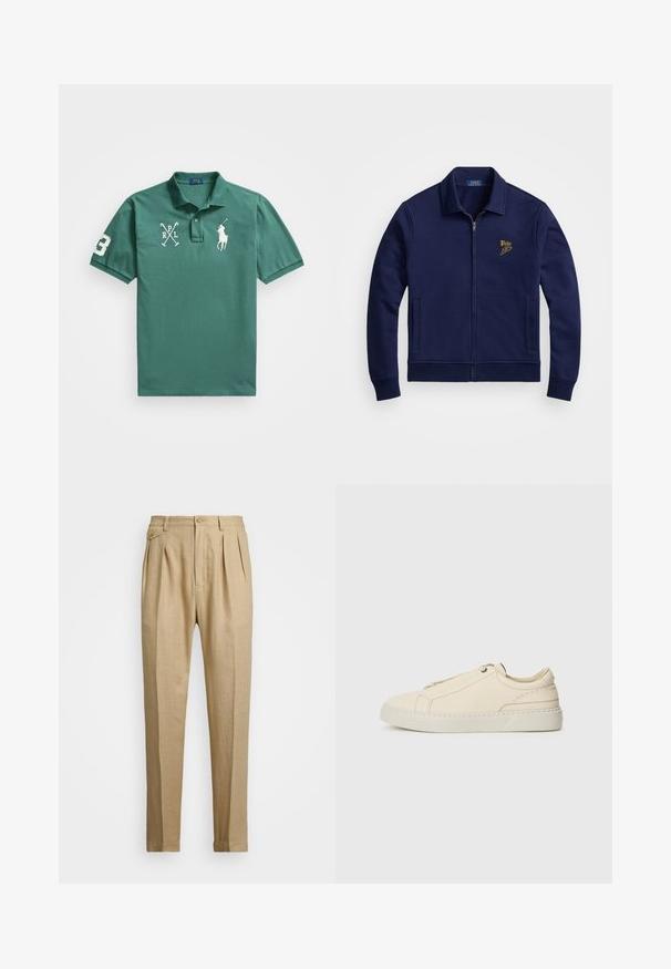Námořnická modrá zipová bunda vyrobená z měkké tkaniny, se límcem, dvěma bočními kapsami a zlatě vyšívaným logem na horní levé části hrudi.; Zelená bavlněná polo košile s klasickým límcem, krátkými rukávy a vyšitými logy a číslem na přední a rukávu.; Béžové lněné kalhoty rovného střihu, s dvěma předními sklady, zapínáním na knoflík a bočními kapsami. Strukturovaná tkanina s hladkým povrchem.; Krémové kožené tenisky s kulatou špičkou, minimalistickým designem, jemnými švy a texturovaným svrškem, na světlé podrážce.