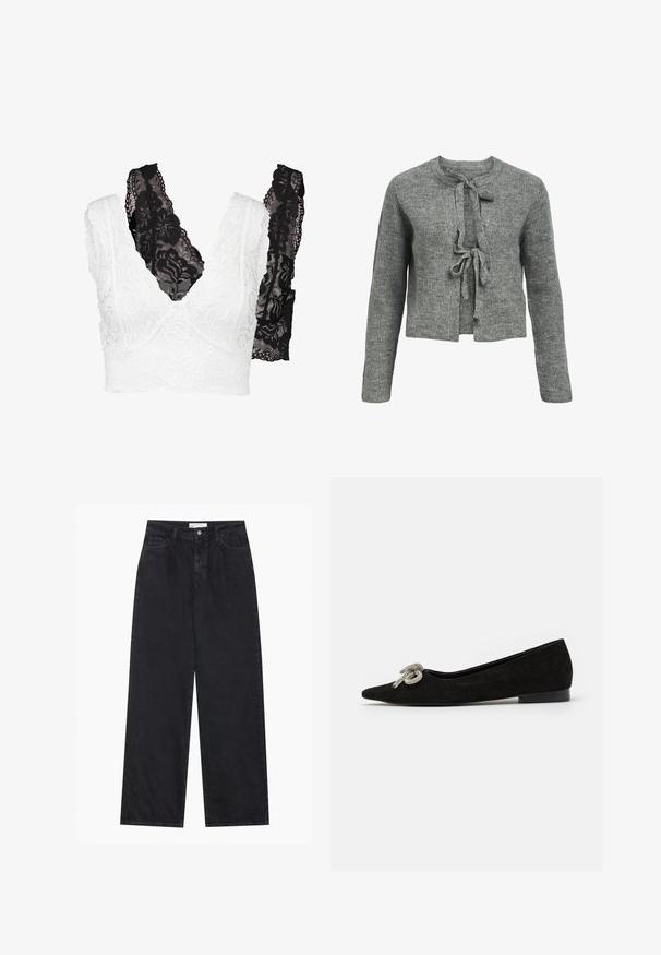 Suéter gris de punto con un cuello redondo, mangas largas y un cierre de lazo en la parte frontal. La textura es acanalada, lo que le da un aspecto acogedor.; Conjunto de bralette de encaje que presenta un diseño floral blanco y un contraparte negro. Ambos tienen un escote en forma de V y tirantes anchos y detallados.; Jeans de mezclilla negros de talle alto y pierna ancha con cierre frontal de botón y cremallera, pasadores para el cinturón y estilo de cinco bolsillos.; Zapato plano de ante negro con punta afilada, adornado con un detalle decorativo de lazo plateado en la parte delantera, que cuenta con un tacón bajo.