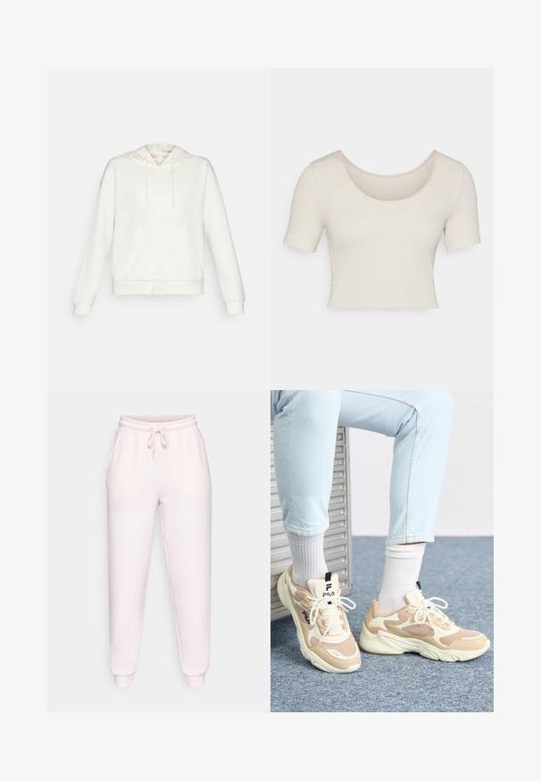 Valkoinen vetoketjullinen huppari, jossa on nyöritettävä huppu, sivutaskut ja ribbaus hihansuissa. Pehmeä materiaali, jossa on sileä pinta ja yksinkertainen muotoilu.; Lyhythihainen, lyhyt toppi vaaleassa beigessä ribbikankaassa. Ominaisuuksiin kuuluu leveä pyöreä kaula-aukko ja tiukka istuvuus, joka korostaa sileää tekstuuria.; Vaatekankaalta pehmeät vaaleanpunaiset collegehousut, joissa on joustava vyötärö, jossa on nauha, sivutaskut ja resorit nilkoissa.; Beige ja kreem värvi spordijalatsid on varustatud võrgusilma paneelidega, turske tallaga ja kontrastsete mustade aktsentidega. Kannab valgete sokkide ja helesiniste teksadega.