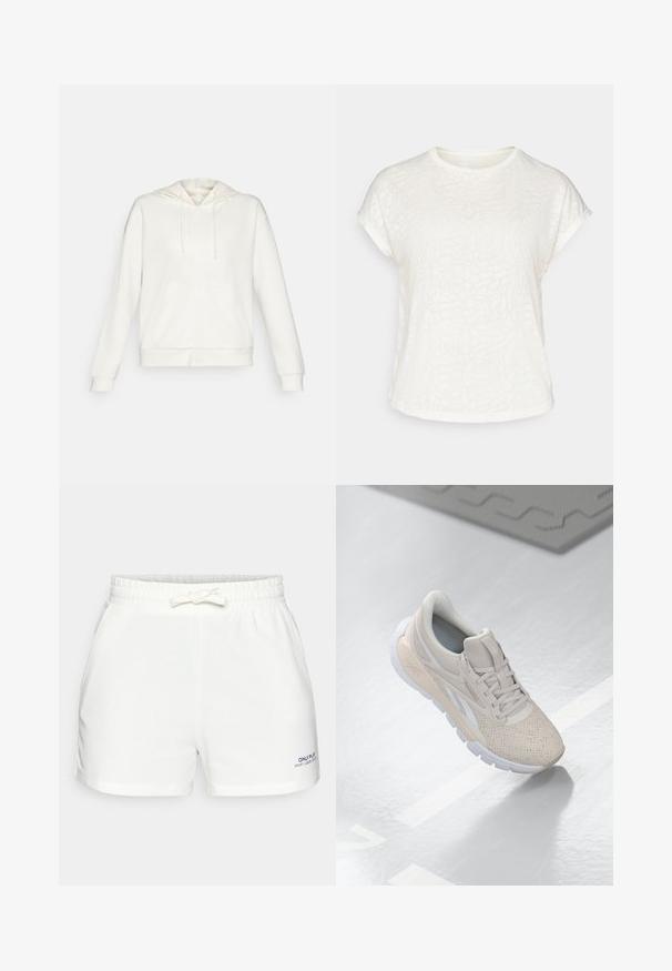 White zip-up hoodie with a drawstring hood, side pockets, and ribbed cuffs. Soft material with a smooth texture and simple design.; White short-sleeve t-shirt featuring a textured floral pattern, round neckline, and relaxed fit. Made from soft, lightweight fabric.; White elastic-waist shorts in soft fabric, featuring a drawstring, pockets, and a small blue logo on the lower left side.; Light beige athletic shoe with a perforated upper, textured accents, padded collar, and white rubber sole, designed for comfort and breathability.