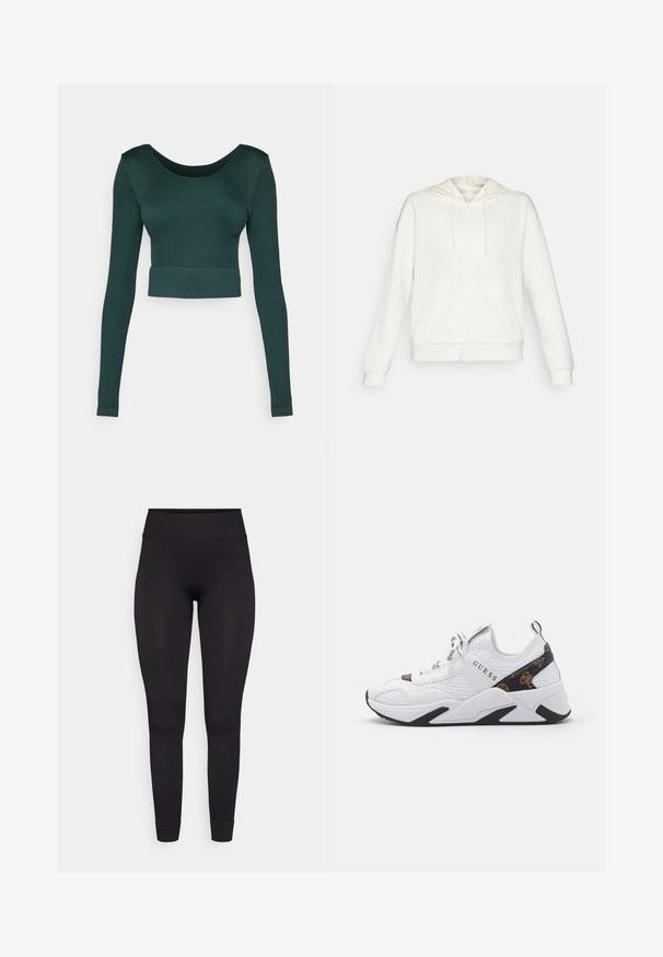 Fehér cipzáras kapucnis pulóver zsinóros kapucnival, oldalsó zsebekkel és bordás mandzsettákkal. Puha anyag, sima textúrával és egyszerű dizájnnal.; Sötétzöld, rövidített, hosszú ujjú felső, bordás textúrával, széles dekoltázs és testhezálló hem. Minták vagy díszítések nincsenek.; Fekete bordázott leggings magas derékkal, rugalmas anyagból, illeszkedő szabású, ami lejjebb szűkül a bokákig, minták vagy díszítések nélkül.; Fehér sportcipő, hálós és szintetikus anyagból, fekete és barna díszítésekkel, texturált oldalakkal és kiemelkedő logóval. Gumitalp.