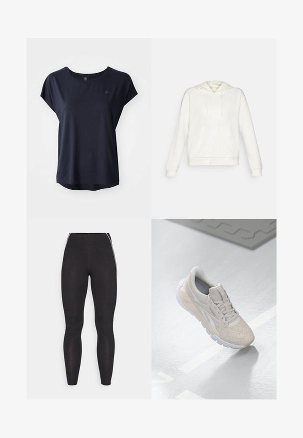 White zip-up hoodie with a drawstring hood, side pockets, and ribbed cuffs. Soft material with a smooth texture and simple design.; Navy blue athletic t-shirt with short sleeves, soft fabric, crew neckline, and a slight curved hem. Small logo detail on the front.; Black leggings made of stretchy material with a high waistband. Features white side stripes and smooth texture throughout.; Light beige athletic shoe with a perforated upper, textured accents, padded collar, and white rubber sole, designed for comfort and breathability.
