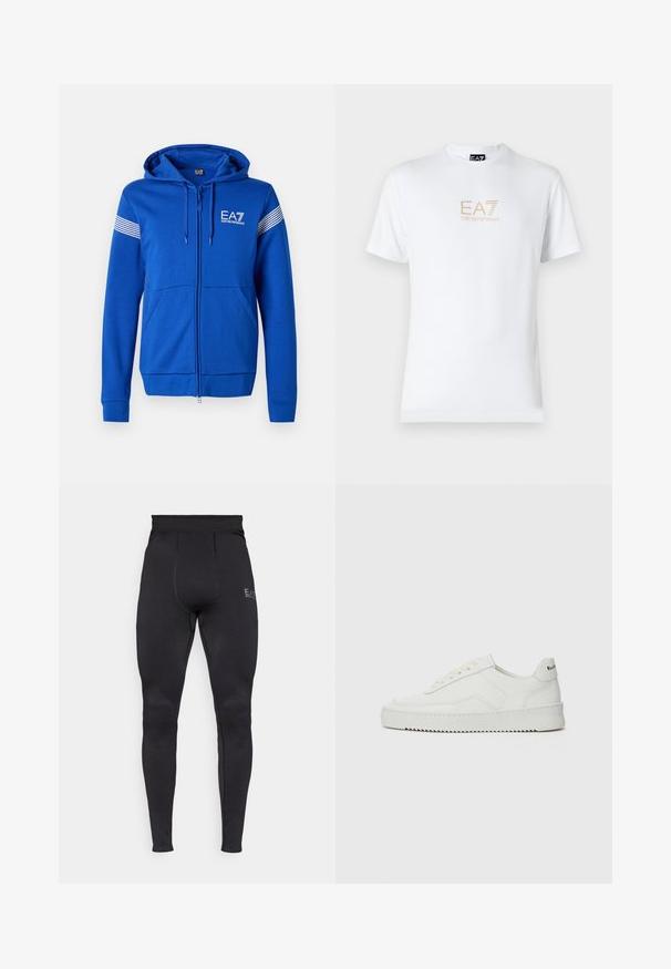 Modra zip-up jakna s kapuco, z belim logotipom EA7, dvema sprednjima žepoma in črtastimi poudarki na rokavih. Mehka tekstura tkanine.; Bela bombažna majica s krožnim izrezom in kratkimi rokavi, s pozlačenim logotipom EA7 Emporio Armani natisnjenim spredaj.; Črne aktivne legice z teksturiranim panelnim vzorcem, visokim pasom in ozko prilegajočim krojem. Ponašajo se z diskretno logotipom na zgornji nogi.; Bela usnjena športna obutev z gladko površino, okroglo prst, ravne vezalke in teksturiran podplat. Ima diskretno logo na peti.