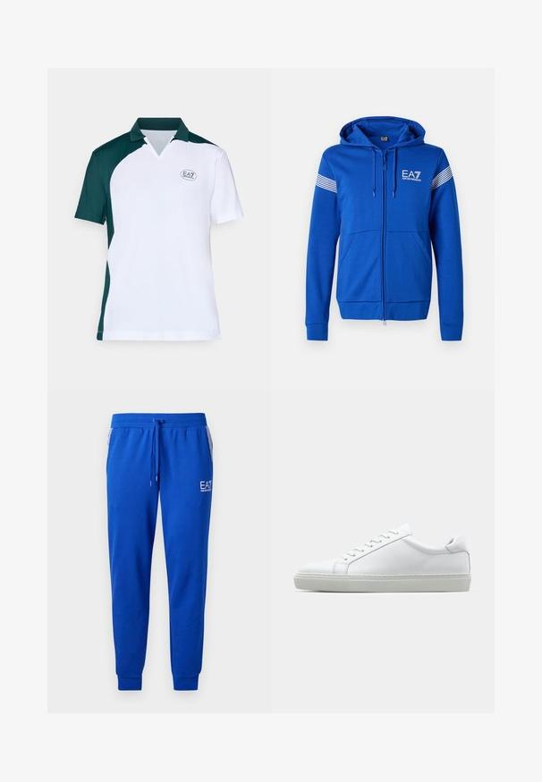 Blå hettejakke med glidelås, med en hvit EA7-logo, to lommer foran og stripete detaljer på ermene. Myk stofftekstur.; Kortermet polo skjorte med grønn krage og sidepaneler, hvit kropp og teksturert stoff. Viser EA7-logoen på brystet.; Blå joggebukser laget av myk stoff med elastisk midjebånd og snøring. Har et logo på benet og stripete sidelommer.; Hvit sneakers med en glatt skinnoverdel og lav profil. Har en rund tå, seks snøring hull, og en teksturert gummisåle.