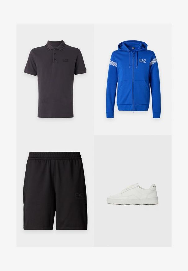 Sinine tõmblukkudega kapuutsiga sviiter, millel on valge EA7 logo, kaks eesmist taskut ja triibulised detailid varrukatel. Pehme kangatekstuuri tunne.; Tumehall T-särk, mis on valmistatud puuvillast, kolme nupuga, lühikeste varrukatega ja õrn logo rinnal. Omab kontrastset kraed.; Mustad mustad lühikesed püksid, mis on valmistatud kerge kangaga, painduva vöökoha ja võrkpaneelidega külgedel. Brändi logo on trükitud ette.; Valge nahast tennis, millel on sile põhi, ümar varvas, lamedad nöörid ja tekstuuriline tall. Sisaldab diskreetset logo kontsaribal.