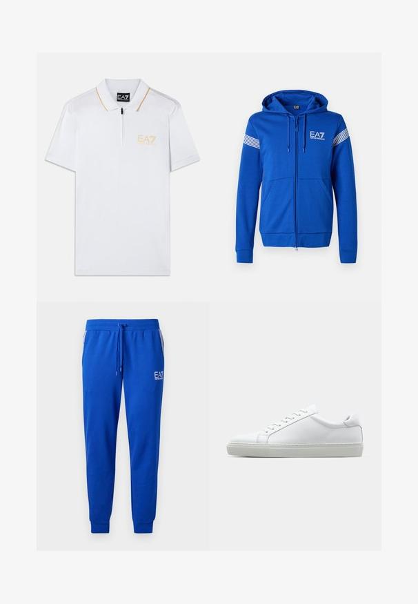 Modrá mikina na zips s kapucňou, ktorá má biele logo EA7, dve predné vrecká a pruhované akcenty na rukávoch. Mäkká textúra látky.; Biela polo košeľa s predným zipsom, krátkym rukávom a oranžovým akcentovým prešívaním. Na ľavej hrudi sa nachádza vyšité logo EA7 v žltej farbe.; Modré tepláky z mäkkej látky s elastickým pásom a šnúrkou. Obsahujú logo na nohe a pruhované bočné vrecká.; Biele tenisky s hladkým koženým zvrškom a nízkym profilom. Majú zaoblenú špičku, šesť očiek a štruktúrovanú gumovú podrážku.