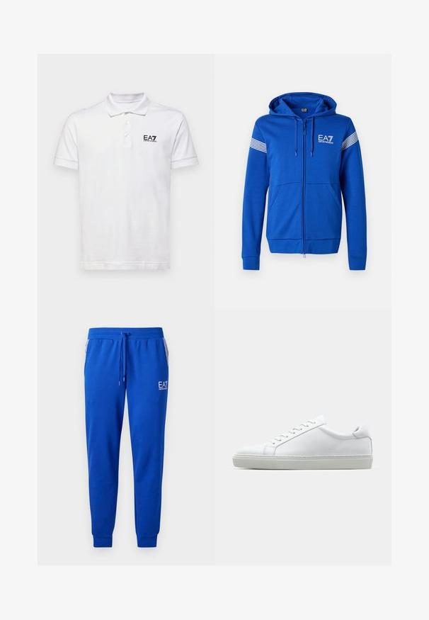 Sinine tõmblukkudega kapuutsiga sviiter, millel on valge EA7 logo, kaks eesmist taskut ja triibulised detailid varrukatel. Pehme kangatekstuuri tunne.; Valge polo särk, mis on valmistatud puuvillast. Omab klassikalist kraed, kolme nuppu ning väikest musta EA7 logo vasakul rinnal. Lühikesed varrukad.; PeNAVAL sinised dressipüksid, mis on valmistatud pehmest kangast, elastse vöökoha ja kummipaelaga. Omab logot jalal ja triibulisi küljetaskuid.; Valge tennisetoss, millel on sile nahk pealis ja madal profiil. Omab ümarat ninaosa, kuut silmust ja tekstuuriga kummist talda.