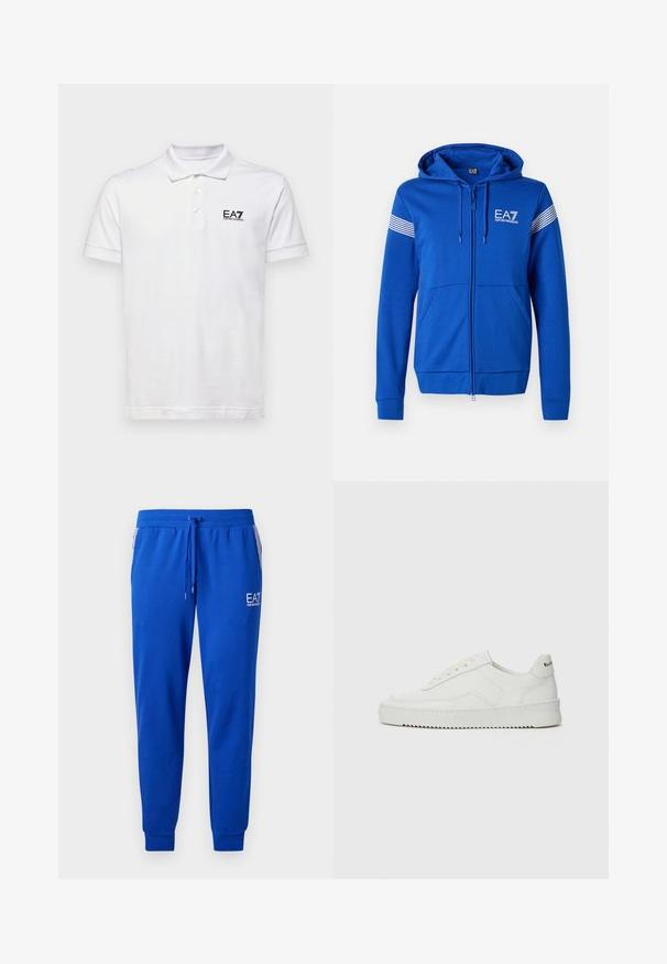 Niebieska bluza zapinana na zamek z kapturem, z białym logo EA7, dwoma przednimi kieszeniami i paskowymi akcentami na rękawach. Miękka tekstura materiału.; Biała koszulka polo wykonana z bawełny. Posiada klasyczny kołnierzyk, trzy guziki oraz małe czarne logo EA7 na lewej piersi. Krótkie rękawy.; Niebieskie dresy wykonane z miękkiego materiału, z elastycznym pasem i sznurkiem do regulacji. Posiadają logo na nodze oraz paski przy kieszeniach.; Białe skórzane sneakersy o gładkim wykończeniu, okrągłym nosku, płaskich sznurówkach i teksturowanej podeszwie. Charakteryzują się delikatnym logo na pięcie.