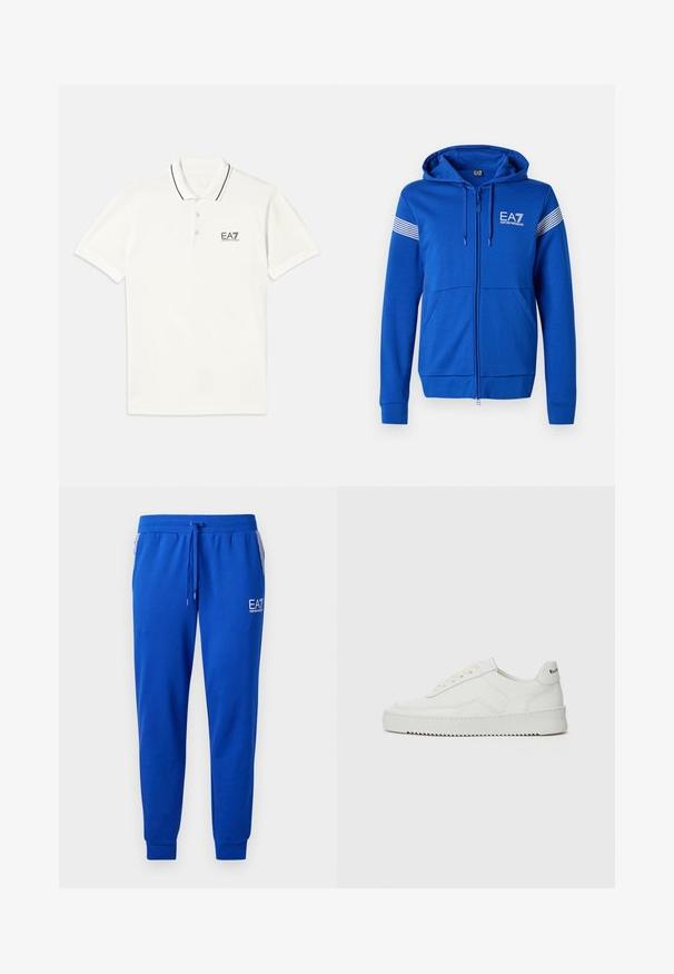 Sudadera azul con cremallera y capucha, que presenta un logotipo blanco de EA7, dos bolsillos frontales y detalles a rayas en las mangas. Textura de tela suave.; Camiseta polo blanca de manga corta, con cuello de dos botones, acentos de rayas negras y un pequeño logo negro de EA7 en el pecho. Material de algodón.; Pantalones de chándal azul hechos de una tela suave, con una cintura elástica y cordón. Presenta un logo en la pierna y bolsillos laterales a rayas.; Zapatilla de cuero blanca con un acabado suave, puntera redonda, cordones planos y suela texturizada. Cuenta con un sutil logo en el talón.