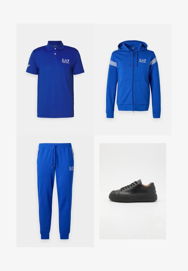 Sinine tõmblukkudega kapuutsiga sviiter, millel on valge EA7 logo, kaks eesmist taskut ja triibulised detailid varrukatel. Pehme kangatekstuuri tunne.; Sinine polo särk, mis on valmistatud hingavast kangast, sisaldab kraed, kolme nuppu ja EA7 logo rinnal. Lühikesed varrukad koos peene brändinguga.; PeNAVAL sinised dressipüksid, mis on valmistatud pehmest kangast, elastse vöökoha ja kummipaelaga. Omab logot jalal ja triibulisi küljetaskuid.; Mustmust mustarist king kätšiga, ümar varvas, nöörimisega esiosa, sile tekstuur, paks kummist tall ja kontrastne pruun sisemus.