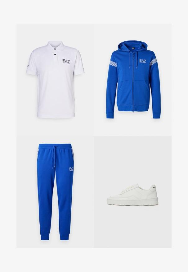 Modra zip-up jakna s kapuco, z belim logotipom EA7, dvema sprednjima žepoma in črtastimi poudarki na rokavih. Mehka tekstura tkanine.; Bela polo majica iz teksturirane tkanine, z dvema gumboma na zapenjanju, črnimi EA7 logotipom na prsih in kratkimi rokavi z dodatnim detajlom.; Modre trenirke iz mehkega blaga z elastičnim pasom in vrvico. Imajo logo na hlačnici in črtaste stranske žepe.; Bela usnjena športna obutev z gladko površino, okroglo prst, ravne vezalke in teksturiran podplat. Ima diskretno logo na peti.