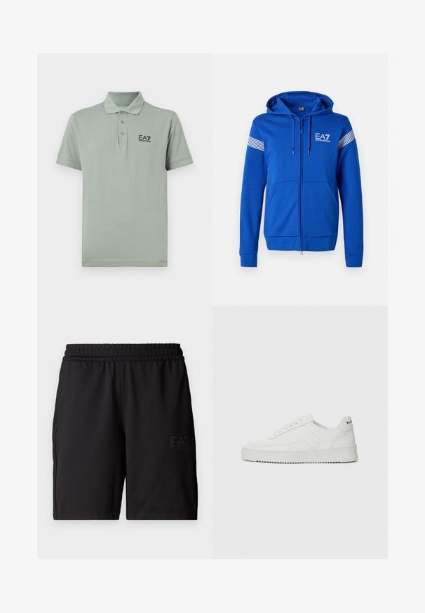 Mėlynas užtrauktuku užsidengiantis džemperis su gaubtu, puikuojantis baltu EA7 logotipu, dviem priekinėm kišenėm ir juostuotais akcentais ant rankovių. Minkštas audinio tekstūra.; Šviesiai žalia polo marškinėliai, trumpomis rankovėmis, su trimis mygtukais ir juodu išsiuvinėtu EA7 logotipu kairėje krūtinės pusėje. Lygus medvilnės audinys.; Juodi sportiniai šortai, pagaminti iš lengvos medžiagos, turi elastingą juosmenį ir tinklinės šoninės dalys. Prekės ženklo logotipas atspaustas priekyje.; Balti odiniai sportiniai bateliai su lygia apdaila, apvaliu pirštu, plokščiais raišteliais ir tekstūruotu padu. Pasižymi subtiliu logotipu ant kulno.