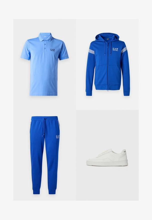 Blå hettejakke med glidelås, med en hvit EA7-logo, to lommer foran og stripete detaljer på ermene. Myk stofftekstur.; Lys blå polo skjorte laget av myk bomull. Har en krage design, tre knappestolpe, og en svart EA7-logo på brystet.; Blå joggebukser laget av myk stoff med elastisk midjebånd og snøring. Har et logo på benet og stripete sidelommer.; Hvite lærersneakers med en jevn overflate, rund tå, flate lisser og en teksturert såle. Har en subtil logo på hælen.