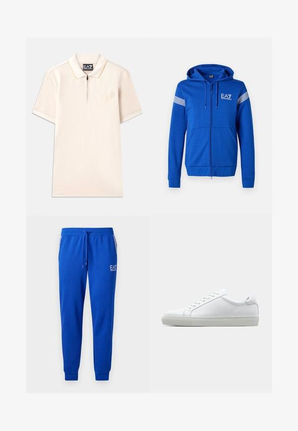 Kék, cipzáros kapucnis felső, fehér EA7 logóval, két elülső zsebbel és csíkozott díszítéssel a karokon. Puha textúrájú anyag.; Beige pólóing rövid ujjakkal, cipzáras nyakkal és diszkrét logó hímezéssel. Puha anyag, kontrasztos nyakkal és ujjak szegélyével.; Kék melegítőnadrág puha anyagból, elasztikus derékkal és húzózsinórral. A lábszárán logó, az oldalán csíkos zsebbel rendelkezik.; Fehér sportcipő sima bőr felső résszel és alacsony profilsal. Kerek orr, hat fűzőlyuk és barázdált gumitalp jellemzi.