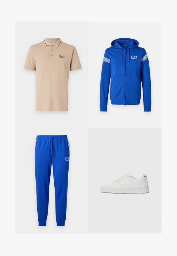 Sudadera azul con cremallera y capucha, que presenta un logotipo blanco de EA7, dos bolsillos frontales y detalles a rayas en las mangas. Textura de tela suave.; Polo beige de algodón, con un cuello acanalado negro, tapeta de tres botones y logo EA7. Textura suave y mangas cortas.; Pantalones de chándal azul hechos de una tela suave, con una cintura elástica y cordón. Presenta un logo en la pierna y bolsillos laterales a rayas.; Zapatilla de cuero blanca con un acabado suave, puntera redonda, cordones planos y suela texturizada. Cuenta con un sutil logo en el talón.