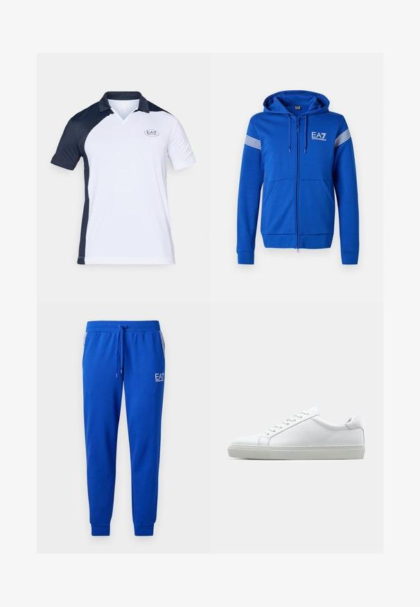 Niebieska bluza zapinana na zamek z kapturem, z białym logo EA7, dwoma przednimi kieszeniami i paskowymi akcentami na rękawach. Miękka tekstura materiału.; Koszulka polo z krótkim rękawem, w niebiesko-białym wzorze kolorystycznym, z prążkowanym kołnierzykiem i małym logo EA7 na piersi.; Niebieskie dresy wykonane z miękkiego materiału, z elastycznym pasem i sznurkiem do regulacji. Posiadają logo na nodze oraz paski przy kieszeniach.; Białe sneakersy z gładką skórzaną cholewką i niskim profilem. Posiadają okrągły nos, sześć dziurek na sznurówki oraz teksturowaną gumową podeszwę.