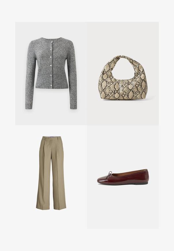 Pelēks adīts džemperis ar garām piedurknēm, apaļu apkakli un sešiem pogu caurumiem. Satur ribotu apakšmalu un tekstūru visā audumā.; Balta pogājamā krekla augšdaļa, izgatavota no gluda kokvilnas, ar klasisku apkakli, garām piedurknēm un izliekto apakšmalu. Pogas ir mazas un baltas.; Bēša plaša kāju bikses ar augstu vidukli, priekšējo krokām un gludu auduma faktūru. Klasisks dizains ar izstrādātu apdari.; Burgundijas laku ādas baleta kurpes ar noapaļotu purngalu, nelielu loku akcentu priekšā un zemu melnu gumijas zoli. Gluda tekstūra.; Čūsku raksta soma ar izliekto rokturi. Izgatavota no teksturētiem, bēšiem un brūniem materiāliem, ar izteiksmīgu dimanta rakstu.