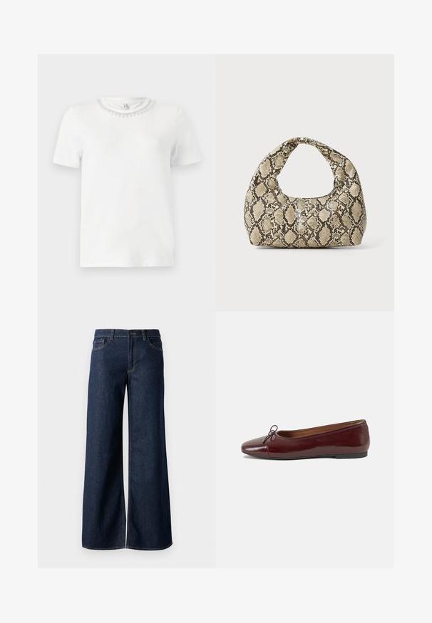 Szürke kötött kardigán hosszú ujjal, kerek nyakkivágással és hat gombbal. A szegély bordázott, és a szövet textúrával rendelkezik.; Fehér, rövid ujjú póló, kerek nyakkivágással, díszes gyöngyös gallérral. Simább, puha anyagból készült.; Sötét kék farmer széles lábú nadrág. Kontrasztos varrással, öt zsebhálóval és gombos derékzárással rendelkezik. Simás textúra.; Burgundi lakkbőr balettcipő kerek orral, elöl kis masni díszítéssel és alacsony, fekete gumi talppal. Simára csiszolt felület.; Kígyómintás kézitáska ívelt fogantyúval. Texturált, bézs és barna anyagból készült, jellegzetes gyémántmintával.