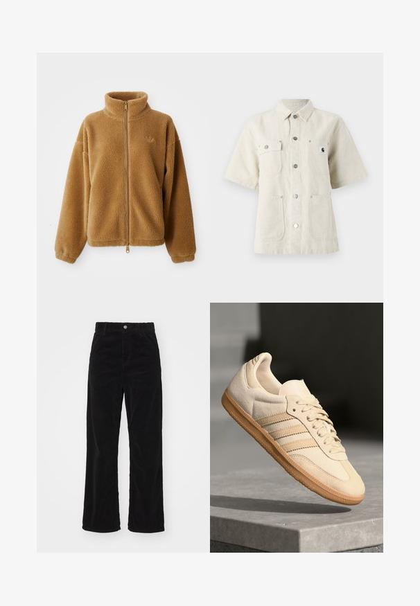 Lys brun full-zip fleece-jakke med høy krage og lange ermer, med en liten brodert logo på venstre bryst.; Kortermet skjorte i lys beige stoff, med spiss krage, frontknapper, to brystlommer og et lite logomerke til venstre.; Svart corduroy vide bukser med høy midje, med front knapp og glidelås lukking, og vertikal ribbe tekstur gjennom hele.; Lys beige suedette sneakers med gummisåle, tre diagonale striper og en teksturert tåhette. Har logo på tungen og siden.