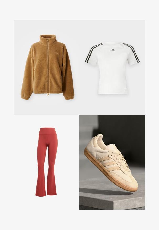 Heled pruun täispikk zip-line fliispusa kõrge kaelusega ja pikkade varrukatega, millel on vasakul rinnal väike tikandiga logo.; Valge lühikeste varrukatega sportlik särk, millel on must kolmerealine disain õlgadel, sile tekstuur ja väike must adidas'i logo rinnal.; Punased laiad retuusid kõrge vöökohaga, valmistatud venivast kangast. Sile tekstuur ilma nähtavate mustrite või lisanditeta.; Hele beeži sueded spordijalatsid, millel on kummist välistald, kolm diagonaalset triipu ja tekstuuriga varvaste katus. Omab logo keelel ja külgedel.