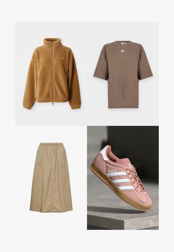 Giacca in pile full-zip marrone chiaro con colletto alto e maniche lunghe, caratterizzata da un piccolo logo ricamato sul lato sinistro del petto.; T-shirt in cotone marrone con maniche corte, collo tondo e logo Adidas bianco centrato sul petto, caratterizzato da un design semplice e una vestibilità comoda.; Gonna beige con lunghezza al ginocchio, dotata di un elastico in vita, realizzata in tessuto leggero, con due tasche laterali e un semplice design plissettato.; Sneaker in suede rosa con strisce bianche, suola in gomma, parte superiore testurizzata e logo sulla linguetta. Design classico a bassa cima.
