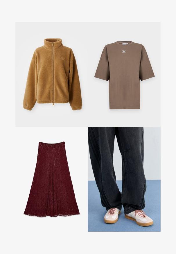 Giacca in pile full-zip marrone chiaro con colletto alto e maniche lunghe, caratterizzata da un piccolo logo ricamato sul lato sinistro del petto.; T-shirt in cotone marrone con maniche corte, collo tondo e logo Adidas bianco centrato sul petto, caratterizzato da un design semplice e una vestibilità comoda.; Lunga gonna in pizzo color bordeaux con silhouette a trapezio e motivo floreale semi-trasparente.; Pantaloni in denim neri a gamba larga con dettagli di cucitura frontale, abbinati a sneakers bianche e rosa con suola in gomma e lacci rosa.