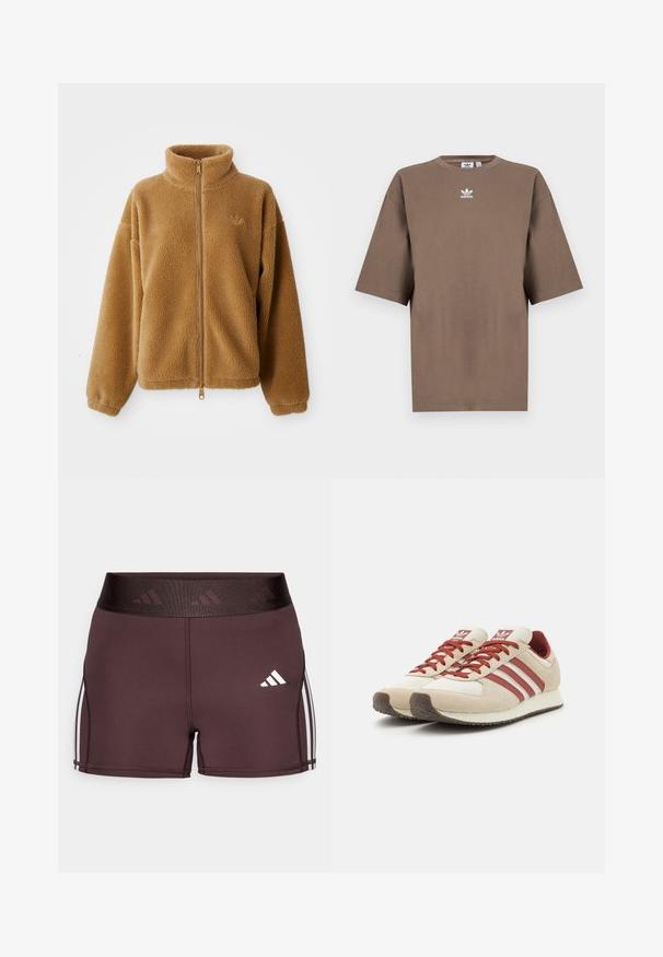 Světle hnědá fleecová bunda na zip s vysokým límcem a dlouhými rukávy, se malým vyšitým logem na levé hrudi.; Hnědé bavlněné tričko s krátkým rukávem, kulatým výstřihem a bílým logem Adidas umístěným uprostřed hrudi, s jednoduchým designem a uvolněným střihem.; Bordové sportovní kraťasy s vysokým pasem, zdobené logem a bílými bočními pruhy. Vyrobeny z hladkého, pružného materiálu pro komfort.; Béžové a červené retro tenisky se třemi červenými pruhy, svrchní část z texturovaného semiše a síťoviny, polstrovaná podrážka, kulatá špička.