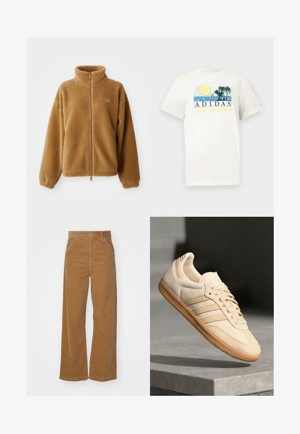 Světle hnědá fleecová bunda na zip s vysokým límcem a dlouhými rukávy, se malým vyšitým logem na levé hrudi.; Bílá bavlněná tričko s grafickým designem obsahujícím slunce, palmové stromy a vodu. Nápis "ADIDAS Sports Club" vytištěný zelenou a žlutou barvou.; Hnědé kordové kalhoty širokého střihu s jemnou ribbenou texturou, vybavené předním knoflíkovým zapínáním a kapsami po stranách.; Světlé béžové semišové tenisky s gumovou podrážkou, třemi diagonálními pruhy a texturovanou špičkou. Na jazyku a boku se nachází logo.