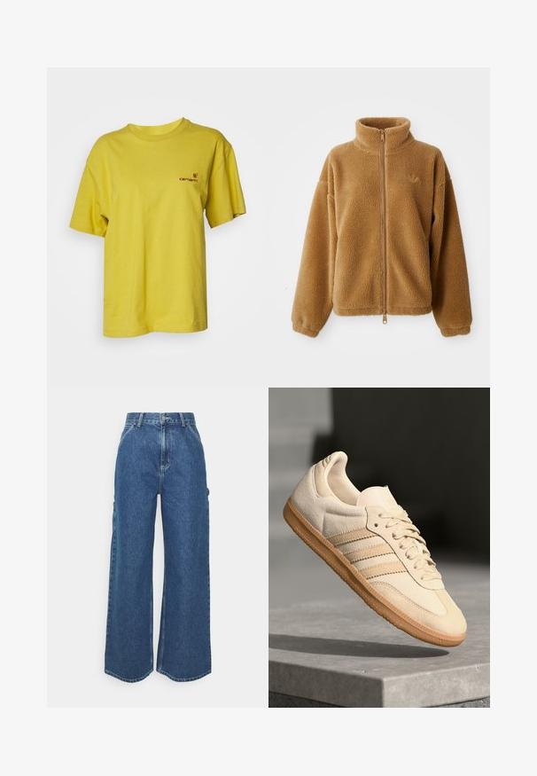 Gaiši brūns pilna iepakojuma vilnas džemperis ar augstu apkakli un garām piedurknēm, ar mazu izšūtu logotipu uz kreisā krūts.; Carhartt WIP AMERICAN SCRIPT - Pamata T-krekls - golden olive; Platleņķa zili džinsi ar augstu jostasvietu, kontrastējošām šuvēm un sānu kabatām, ar klasisku piecu kabatu dizainu un neapstrādātiem malām.; Gaišbeige zamšas sneakeris ar gumijas zoli, trim diagonālām svītrām un teksturētu purngali. Uz mēles un sānos ir redzams logotips.