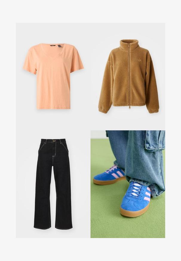 Jasnobrązowa polarowa kurtka rozpinana z wysokim kołnierzem i długimi rękawami, z małym haftowanym logo po lewej stronie klatki piersiowej.; Krótki rękaw, t-shirt z dekoltem w kształcie litery V w jasnym brzoskwiniowym kolorze, wykonany z miękkiego materiału bawełnianego. Charakteryzuje się luźnym krojem i subtelnym przeszyciem wzdłuż dół.; Czarne dżinsy o szerokich nogawkach, wykonane z denimu, z kontrastowym białym szwem i zapięciem na guzik z przodu, posiadające dwie ukośne kieszenie z przodu.; Niebieskie zamszowe buty z różowymi paskami i białymi sznurowadłami, z gumową podeszwą, zestawione z luźnymi dżinsami na zielonej powierzchni.