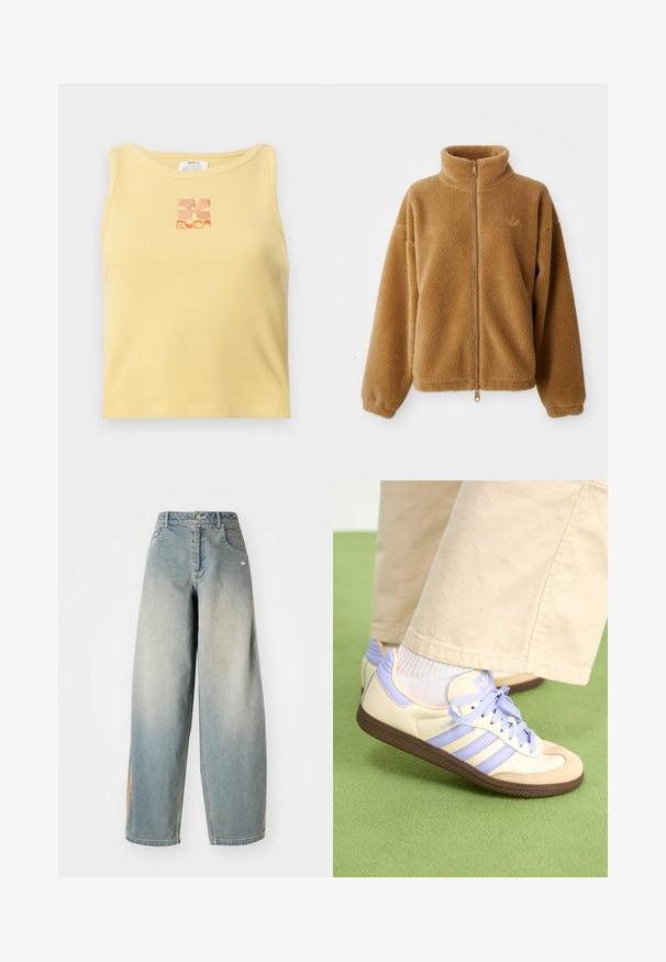 Lys brun full-zip fleece-jakke med høy krage og lange ermer, med en liten brodert logo på venstre bryst.; Gul, ribbet tanktopp med et lite, brodert blomstermotiv i oransje i midten. Enkel, ermeløs design med rund halsutringning.; Lyseblå denim vide bukser med en falmet finish. Har forlommer, en knaplukning, og et diskret logo på taljebåndet.; Kremfargede og lavendelfargede joggesko med tre striper og en teksturert brun såle, med lisser og en polstret hæl. Mykt stofføvre.