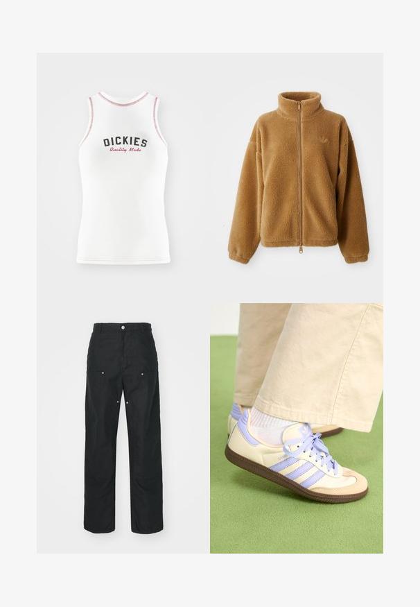 Ljusbrun fleecejacka med full dragkedja, hög krage och långa ärmar, med en liten broderad logotyp på vänster bröst.; Vit ärmlös linne med röd och svart text "DICKIES Quality Made". Har kontrasterande röd söm och en klassisk passform.; Svarta byxor med rak bendesign, tillverkade av ett texturerat tyg. Har dekorativ silverhardware och unik sömdetaljering.; Krämfärgade och lavendelfärgade sneakers med tre ränder och en texturerad brun sula, med snören och en vadderad häl. Mjuk tygobero.