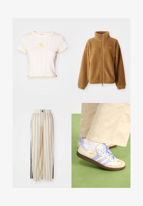 Chaqueta de forro polar de cremallera completa en marrón claro con cuello alto y mangas largas, que presenta un pequeño logo bordado en el lado izquierdo del pecho.; Camiseta blanca de manga corta, con textura acanalada, con borde ribeteado amarillo y bordado floral centrado en el pecho.; Pantalones de pierna ancha en color crema con un patrón en zigzag, que cuentan con una cinturilla con logo negro y franjas negras en los laterales. Tejido ligero y texturizado.; Zapatillas de crema y lavanda con tres rayas y una suela marrón texturizada, que cuentan con cordones y un talón acolchado. Parte superior de tela suave.