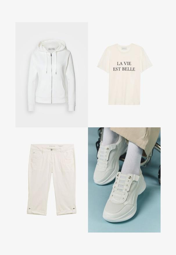 Weißer Reißverschluss-Hoodie mit weicher Textur, Kapuze mit Kordelzug, zwei vorderen Taschen und gerippten Bündchen. Einfaches Design mit klaren Linien und ohne Muster.; Cremfarbendes Baumwoll-T-Shirt mit kurzen Ärmeln und rundem Ausschnitt. Mit schwarzem Text "LA VIE EST BELLE", der in der Mitte der Vorderseite platziert ist.; Weiße 3/4 lange Hose aus leicht strukturiertem Stoff. Verfügt über Fronttaschen, einen Knopfverschluss und umgeschlagene Säume, die mit Druckknöpfen gesichert sind.; Weiße Sneaker aus Mesh-Material, mit Gummisohle, schnürfreiem Design mit elastischen Bändern und goldfarbenen Akzenten.
