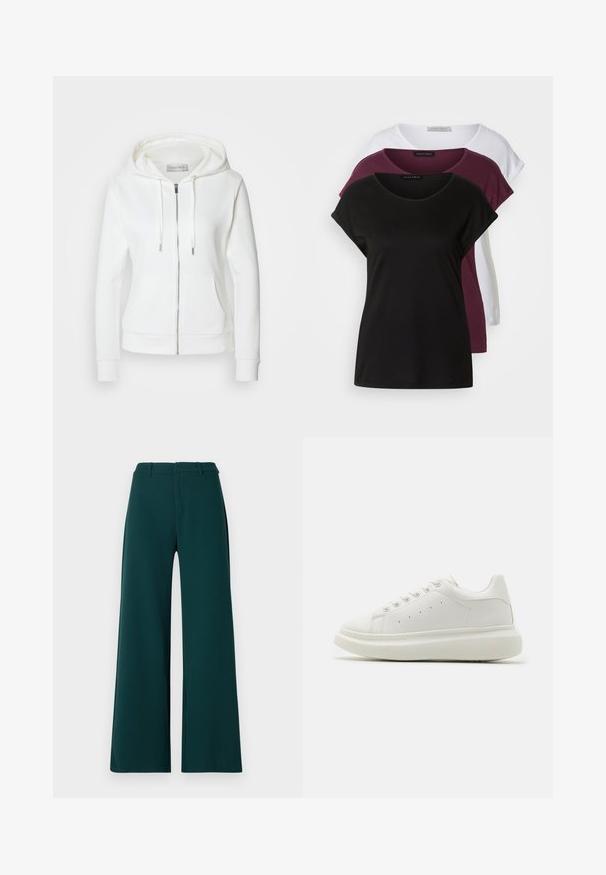 White zip-up hoodie with a soft texture, drawstring hood, two front pockets, and ribbed cuffs. Simple design with clean lines and no patterns.; Three t-shirts: one black, one maroon, one white. Each features a round neck, short sleeves, and a soft cotton texture. Labels visible.; Wide-leg trousers in dark green fabric. Features a high waist, front pleats, and belt loops. Smooth texture and tailored design.; White leather sneaker with a rounded toe, flat rubber sole, six eyelet lace-up design, and side perforation details for ventilation.