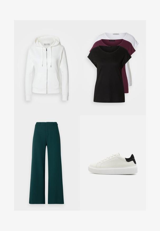 Bílá zipová mikina s měkkou texturou, kapucí na tkaničku, dvěma předními kapsami a žebrovanými manžetami. Jednoduchý design s čistými liniemi a bez vzorů.; Tři trička: jedno černé, jedno vínové a jedno bílé. Každé má kulatý výstřih, krátké rukávy a měkkou bavlněnou texturu. Štítky jsou viditelné.; Kalhoty s širokými nohavicemi z tmavě zelené látky. Mají vysoký pas, přední plisé a poutka na opasek. Hladká textura a propracovaný střih.; Bílé kožené tenisky s texturovaným černým semišovým akcentem na patě, plochou bílou gumovou podrážkou a šesti otvory na tkaničky.