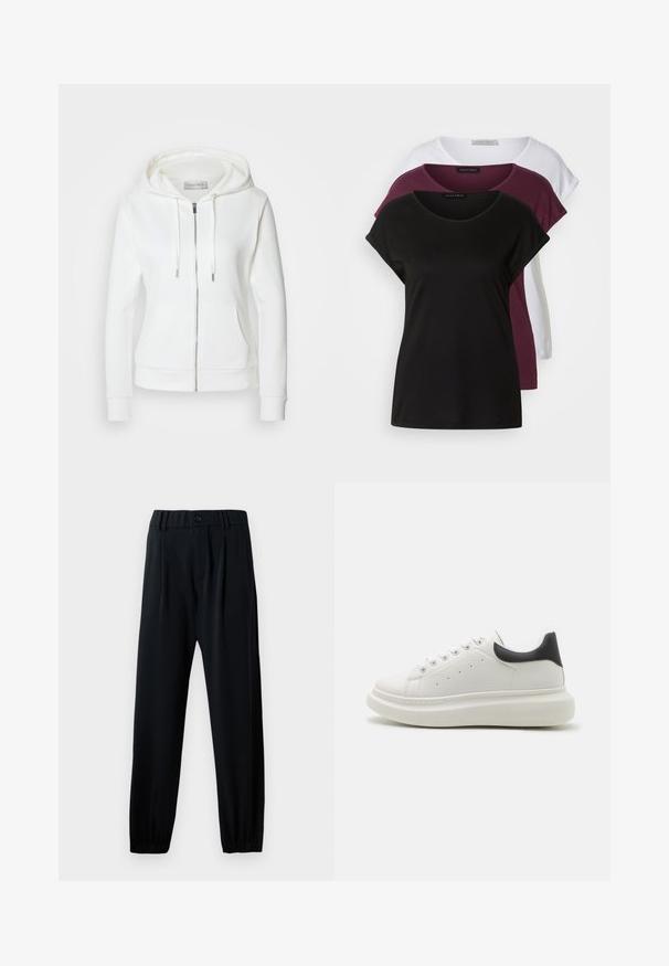 Valge tõmblukuga kapuutsiga sviiter, millel on pehme tekstuur, reguleeritav kapuuts, kaks esimest taskut ja soonikkoes varrukad. Lihtne disain puhta joontega ja ilma mustriteta.; Kolm t-särki: üks must, üks tumepunane ja üks valge. Igal särgil on ümar kaelus, lühikesed varrukad ja pehme puuvilla tekstuur. Etiketid on nähtavad.; Mustad, elastse vöökohaga püksid, nööbiga kinnitusega, sirge säärekujundusega ja kogutud mansettidega. Valmistatud siledast, kergekaalulisest kangast.; Valged tennisajalatsid, millel on tekstuuriga nahk ülemine osa, ümar varvas, kontrastne must kannaosa ja paks, pehmendustega tallaosa. Omab viit silmust.