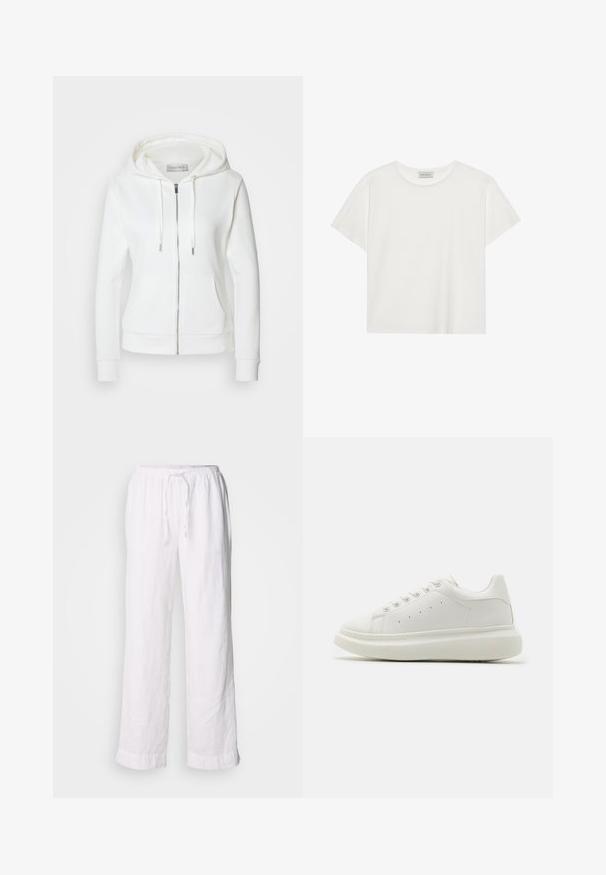 Hvit zip-up hettegenser med myk tekstur, snorhette, to frontlommer og ribbestrikkede ermer. Enkelt design med rene linjer og uten mønstre.; Hvit T-skjorte med kort erm laget av myk bomull. Har rund hals og avslappet passform. Rent design uten synlige mønstre eller aksenter.; Hvite linbukser med en avslappet passform, elastisk midje og snor. Har rette ben og rullede kanter for et uformelt utseende.; Hvit lær sneakers med rund tå, flat gummisa sole, seks hull for snøring og perforerte detaljer på siden for ventilasjon.