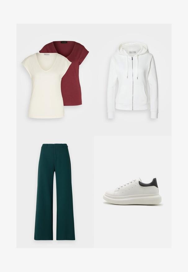 Hanorac alb cu fermoar, cu o textură moale, glugă cu șnur, două buzunare frontale și mansete cu dungi. Design simplu cu linii curate și fără modele.; Două tricouri cu guler în V: unul în culoarea crem cu mâneci scurte, celălalt în burgund. Ambele au un material din bumbac moale și o croială lejeră.; Pantaloni largi din țesătură verde închis. Prezintă talie înaltă, pliuri frontale și bucle pentru curea. Textură netedă și design sofisticat.; Adidași albi cu un superior din piele texturată, vârf rotund, etichetă de călcâi neagră în contrast și o talpă groasă, căptușită. Dispune de cinci găuri pentru sireturi.
