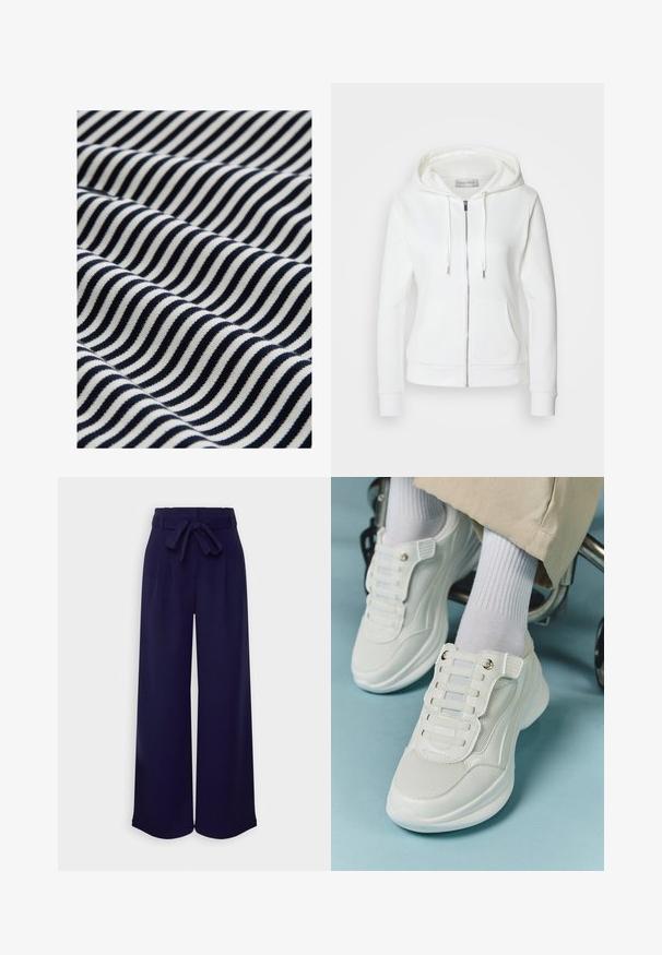 Weißer Reißverschluss-Hoodie mit weicher Textur, Kapuze mit Kordelzug, zwei vorderen Taschen und gerippten Bündchen. Einfaches Design mit klaren Linien und ohne Muster.; Baumwollstoff mit wellenförmigen navyblauen und weißen Streifen. Die Textur ist glatt mit einem leichten Stretch, was ein dynamisches visuelles Muster erzeugt.; Anna Field Stoffhose - dark blue; Weiße Sneaker aus Mesh-Material, mit Gummisohle, schnürfreiem Design mit elastischen Bändern und goldfarbenen Akzenten.