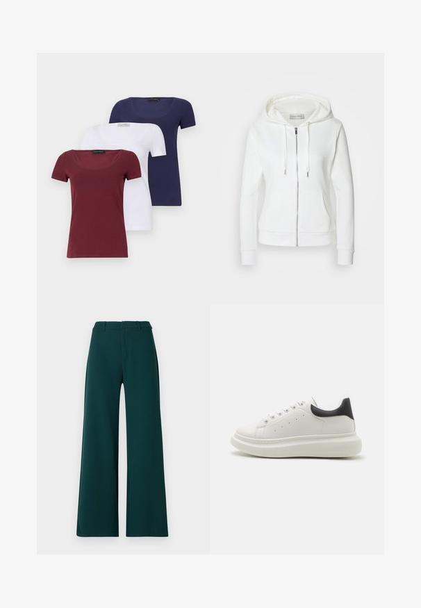 Fehér zipzáras kapucnis pulóver, puha textúrával, húzózsinórral ellátott kapucnival, két elülső zsebbel és bordás mandzsettával. Egyszerű dizájn, tiszta vonalakkal és minta nélkül.; Három darab rövid ujjú póló szett: bordó, fehér és tengerészkék. Mindegyik felső kerek nyakú, testhezálló fazonú, sima pamut keverékből készült.; Zöld, széles lábú nadrág sötét színű anyagból. Magas derekú, elöl pliszékkel és övhurkokkal rendelkezik. Sima textúrájú és formázott dizájnú.; Fehér sportcipő, textúrált bőr felső résszel, kerek orral, kontrasztos fekete sarkú bemenetével és vastag, párnázott talppal. Öt fűzőlyuk található rajta.