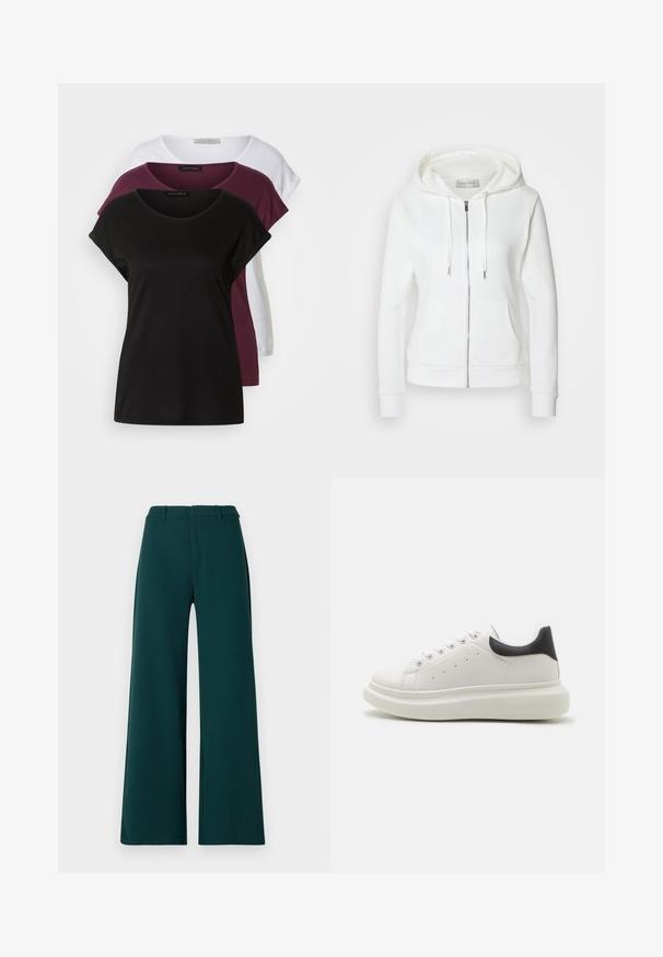 White zip-up hoodie with a soft texture, drawstring hood, two front pockets, and ribbed cuffs. Simple design with clean lines and no patterns.; Three t-shirts: one black, one maroon, one white. Each features a round neck, short sleeves, and a soft cotton texture. Labels visible.; Wide-leg trousers in dark green fabric. Features a high waist, front pleats, and belt loops. Smooth texture and tailored design.; White sneaker with a textured leather upper, round toe, contrasting black heel tab, and a thick, cushioned sole. Features five eyelets.