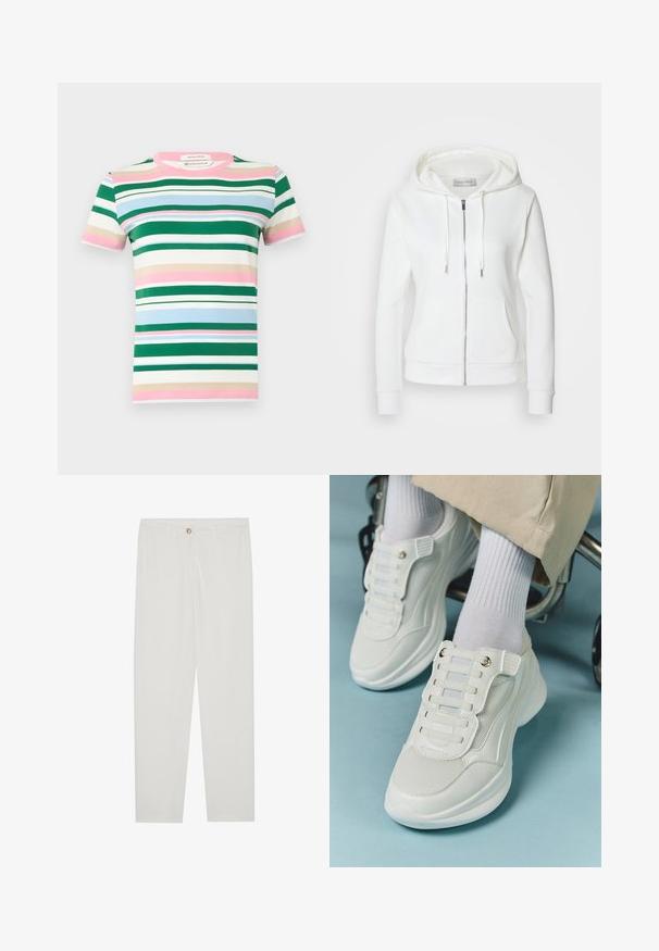 White zip-up hoodie with a soft texture, drawstring hood, two front pockets, and ribbed cuffs. Simple design with clean lines and no patterns.; Short-sleeve T-shirt in organic cotton featuring horizontal stripes in green, pink, blue, and beige. Crew neckline and relaxed fit.; White, tailored trousers with a straight leg design, featuring a button closure, belt loops, and side pockets; smooth fabric texture.; White sneakers featuring a mesh material, rubber sole, lace-free design with elastic bands, and gold-toned accents.