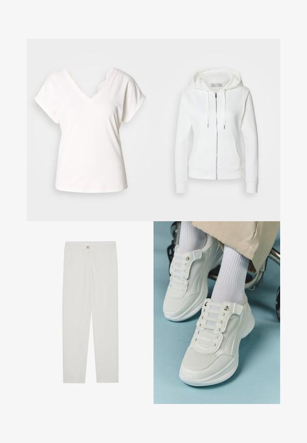White zip-up hoodie with a soft texture, drawstring hood, two front pockets, and ribbed cuffs. Simple design with clean lines and no patterns.; White short-sleeve t-shirt with a V-neck and scalloped lace accents along the neckline, made of soft cotton material.; White, tailored trousers with a straight leg design, featuring a button closure, belt loops, and side pockets; smooth fabric texture.; White sneakers featuring a mesh material, rubber sole, lace-free design with elastic bands, and gold-toned accents.